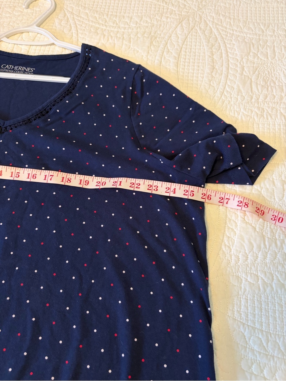 Catherines Navy V-Neck Short Sleeve Top with Red and White Dots - Picture 2 of 5